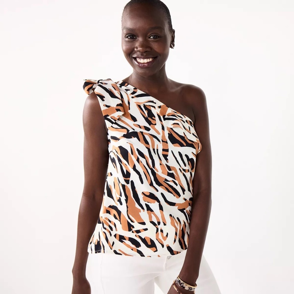 Nine West One-Shoulder Top Ruffle Neck Bow Accent Brown Zebra Print Size XL NEW